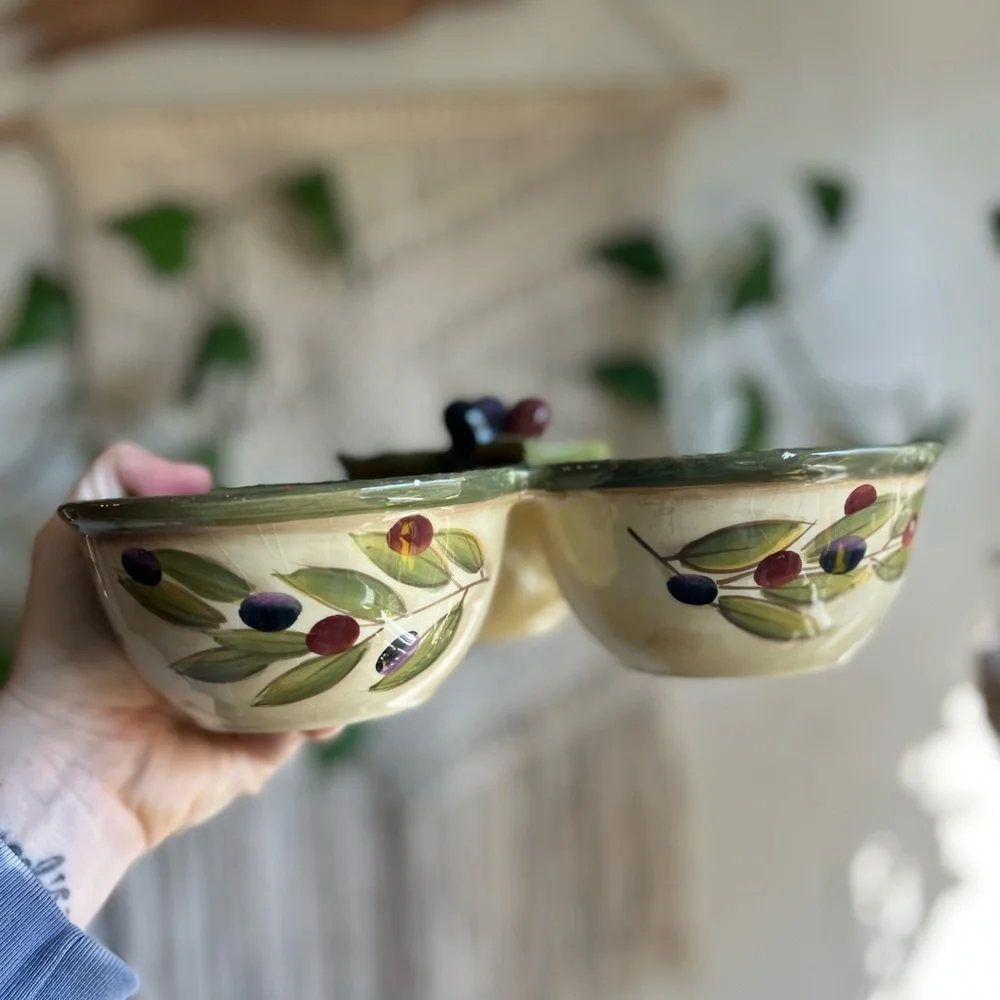 Clay Art Olive Triple Bowl Serving Dish Italian Style 3-Section Ceramic Tapas